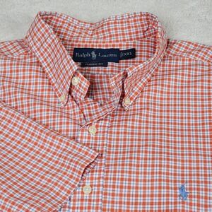 Ralph Lauren XXL Mens Shirt Orange White Gingham Plaid Short Sleeve Classic Fit